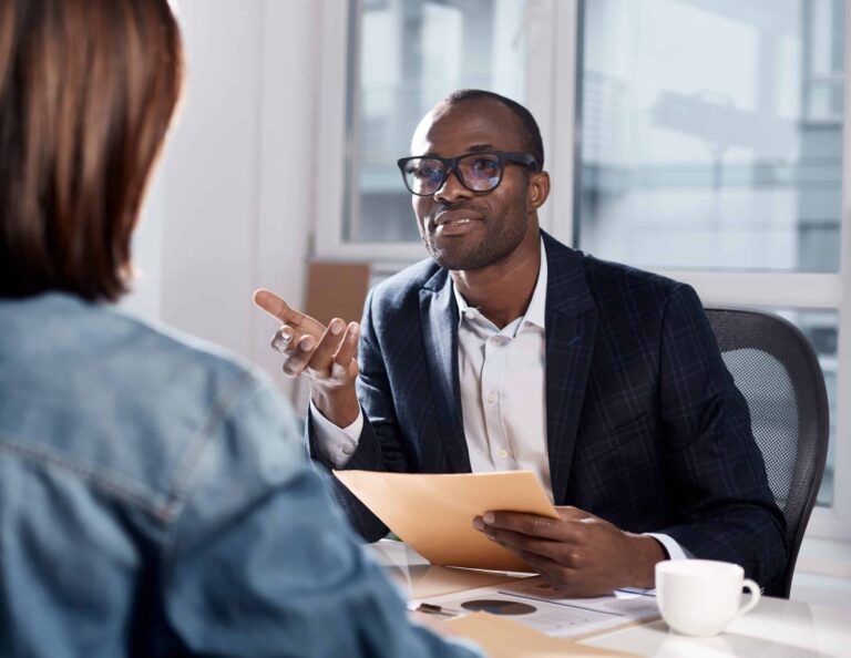 Skillful coworkers are discussing important project